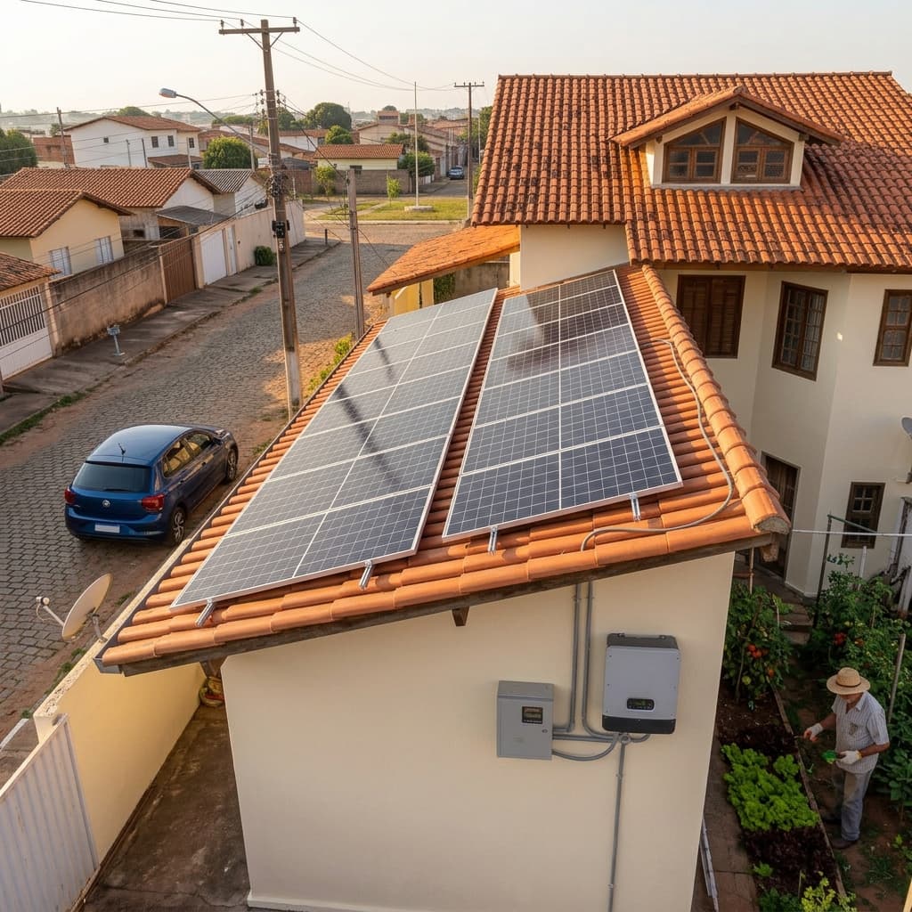 Instalação de painéis solares em telhado residencial moderno